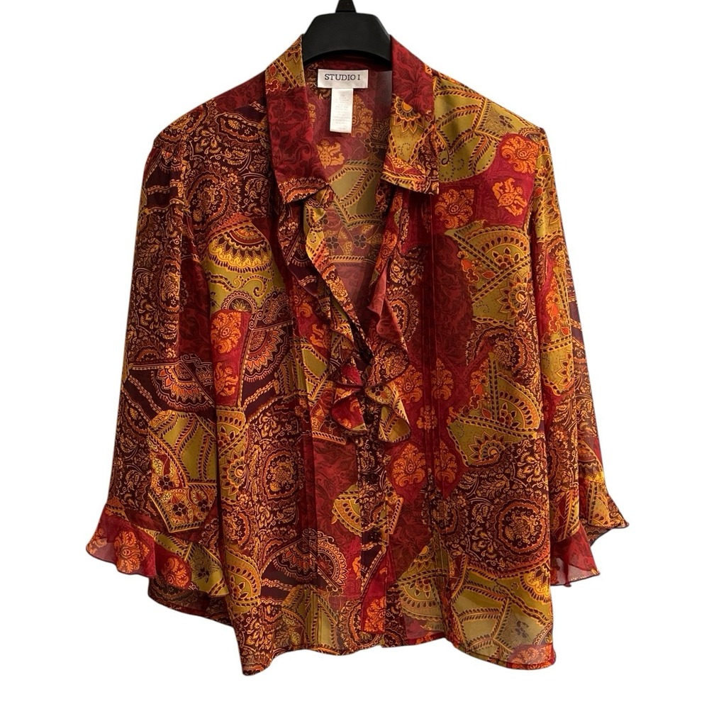 Studio I Top Brown Paisley Floral Sheer‎ Chiffon Button Down Blouse Size 22W